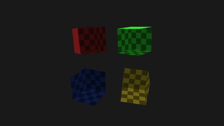 Four cubes in red, green, blue and yellow with their near faces cut away; their insides are checkered; the two on the left half are darker