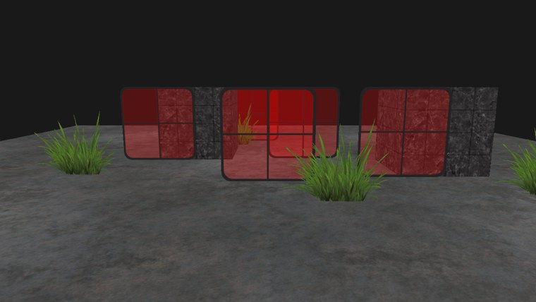 Grass tufts and red-tinted windows over the floor and cubes; windows behind other windows show through correctly