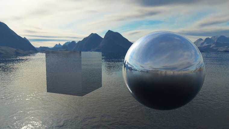 The lake and mountains of the skybox behind a mirror-like cube and sphere