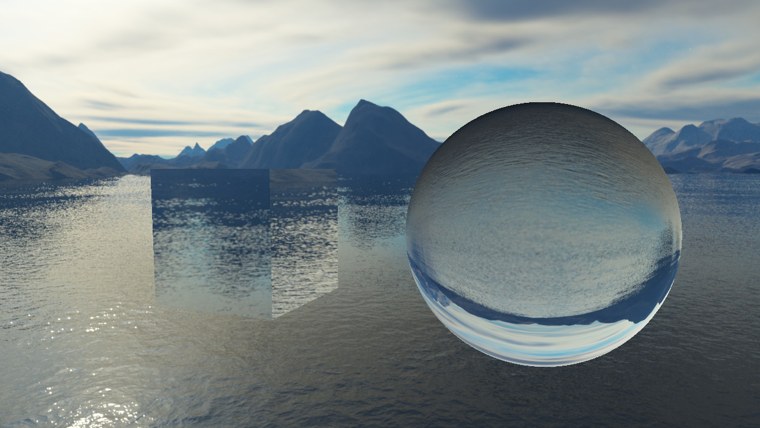 The same cube and sphere refracting the sky like glass; the sphere shows the world upside down