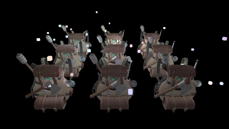 Nine backpacks lit by 32 small coloured lights, each light drawn as a small cube