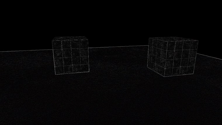 Edge detection: a black image with thin bright lines along the cubes' edges, the tile lines and the horizon