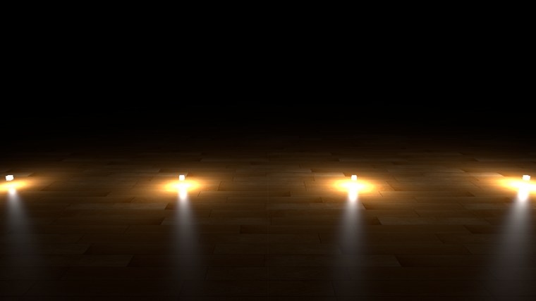 Gamma corrected, 1/d squared falloff: pools of warm light around each lamp, the floor visible between them