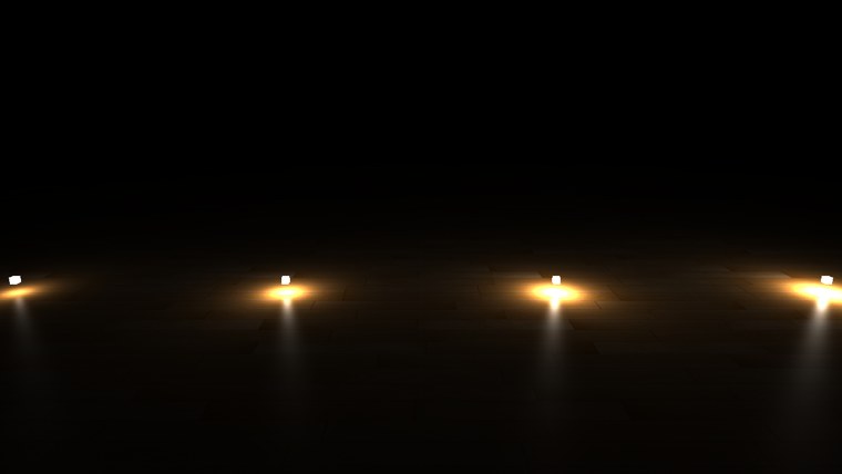 Uncorrected, 1/d falloff: smaller, harsher pools and a floor that sinks into black between the lamps