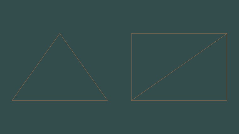 The same shapes in wireframe; the rectangle's diagonal shows the two triangles