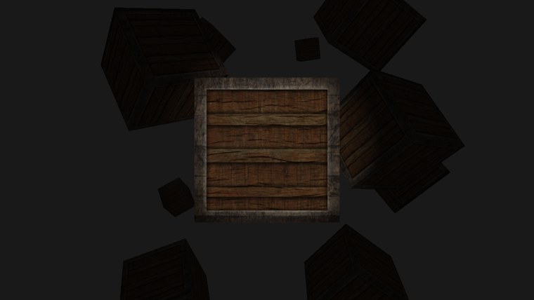 The crates in darkness, with the flashlight's soft-edged beam lighting the front of the nearest crate