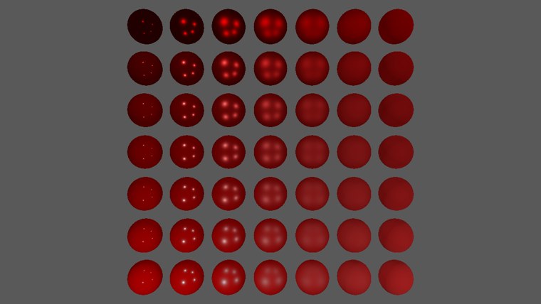 Seven rows of seven red spheres under four lights: metallic increasing upwards, roughness increasing to the right
