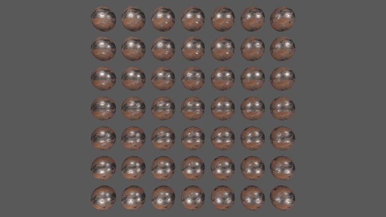 The same grid of spheres, all in rusted iron: bare metal patches with sharp highlights among matte orange rust