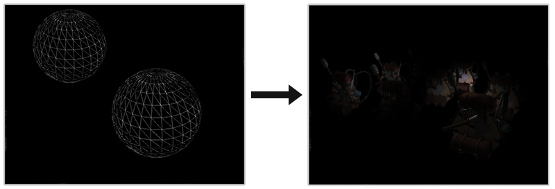 Two light-volume spheres drawn over the scene, and the lighting they produce (LearnOpenGL's diagram)
