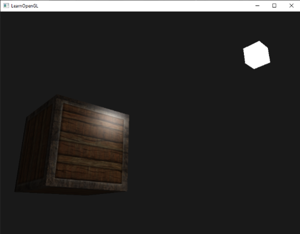 The crate with a diffuse map but one specular colour for everything: the wooden planks show a broad shiny highlight (LearnOpenGL's screenshot)