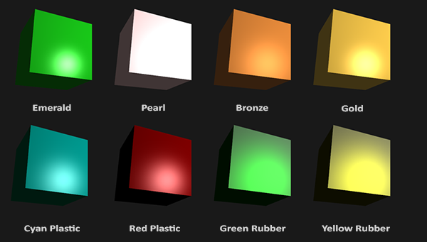Cubes with several real-world materials from the table: emerald, jade, gold, chrome and others (LearnOpenGL's diagram)