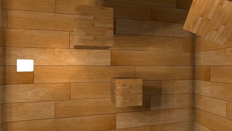 Inside a wooden room: cubes float around a small white light, casting soft shadows on the wall behind them