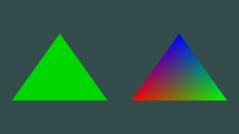 Left: a triangle tinted green by the constant buffer. Right: a triangle with red, green and blue corners blended across its surface