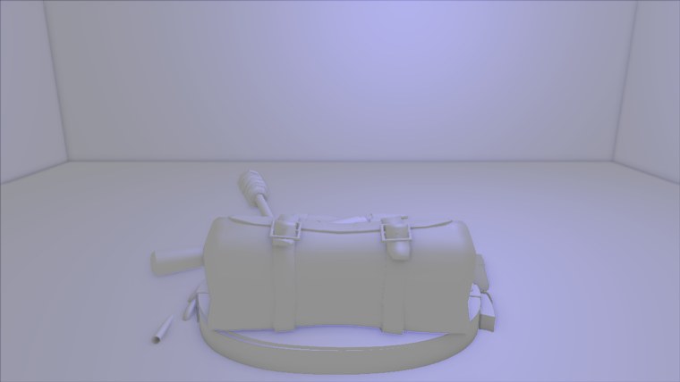 The backpack on the floor of a room, lit by a blue light, with soft darkening in the corners and the backpack's creases