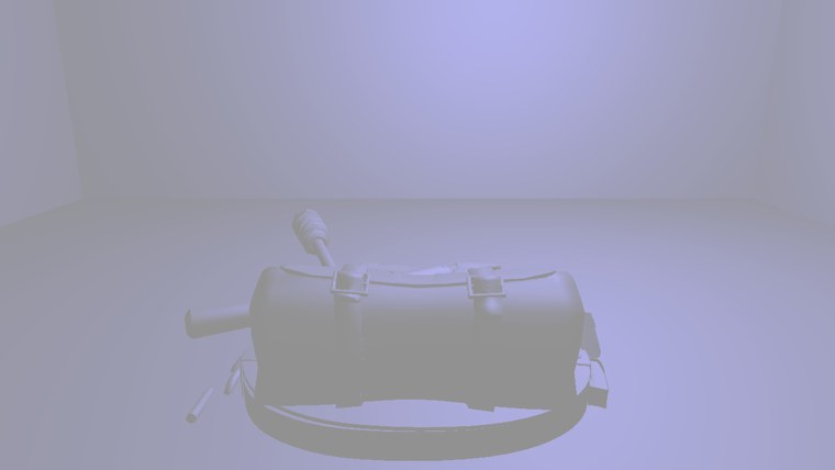 The same scene without SSAO: flat ambient light, the backpack's shape and contact with the floor hard to read