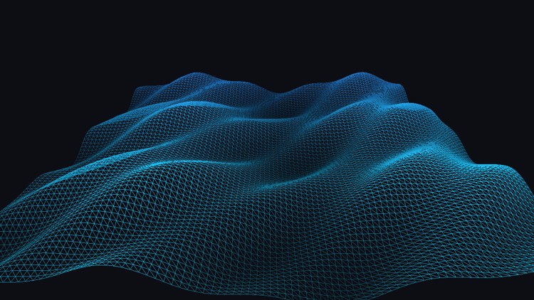 A wireframe grid of water, its waves lit brighter toward the camera
