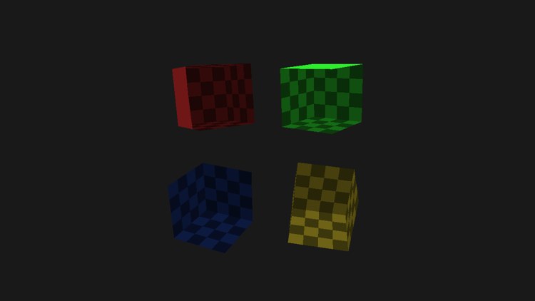 Four cubes in red, green, blue and yellow with their near faces cut away; their insides are checkered; the two on the left half are darker