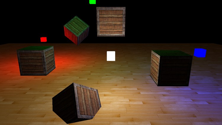 The same scene with bloom off: the light cubes are flat coloured squares