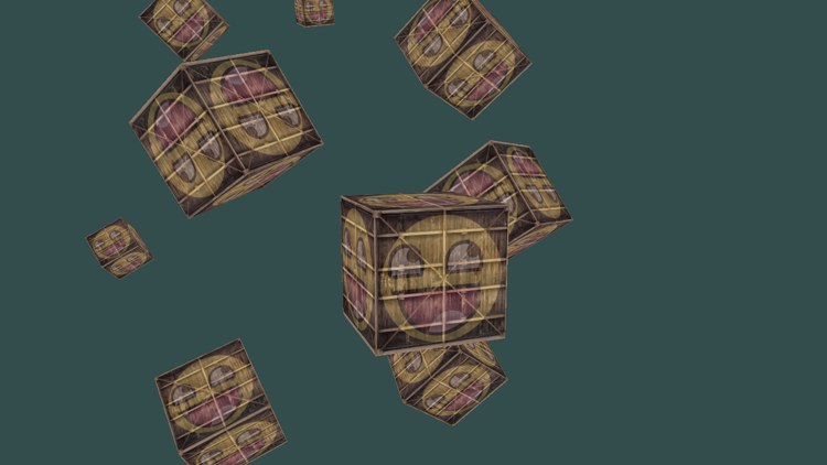 The ten crates seen from the camera's starting position, slightly above and to the left