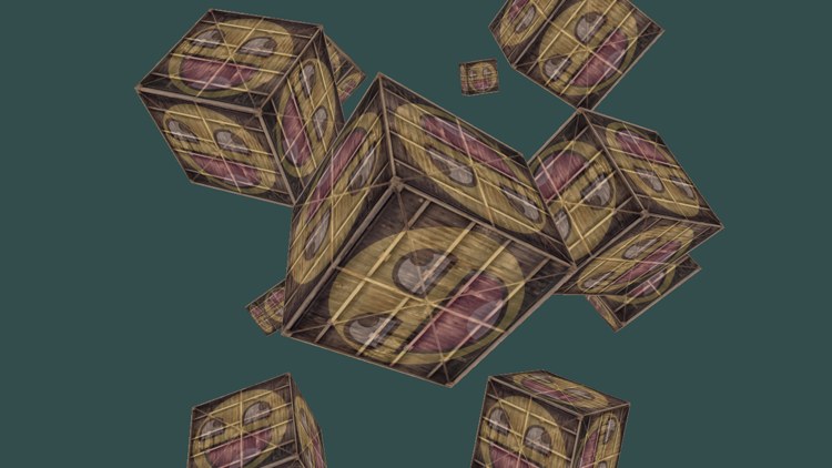 Ten textured crates at different positions and angles, in perspective