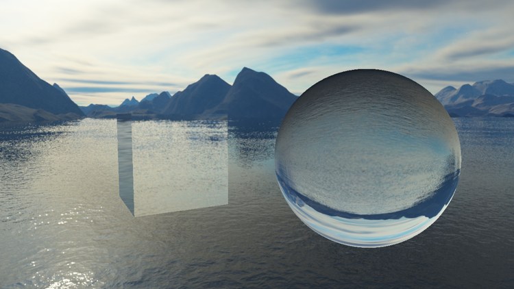The same cube and sphere refracting the sky like glass; the sphere shows the world upside down