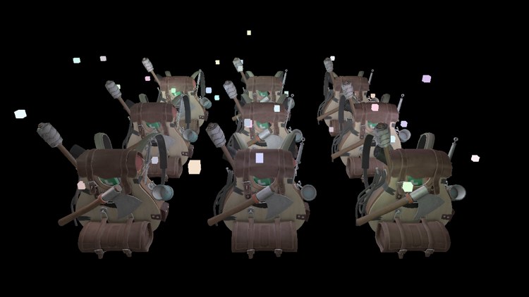 Nine backpacks lit by 32 small coloured lights, each light drawn as a small cube