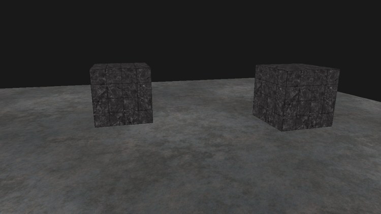 The scene: two marble cubes on a metal floor