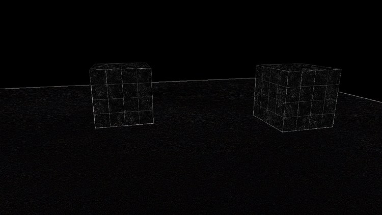 Edge detection: a black image with thin bright lines along the cubes' edges, the tile lines and the horizon