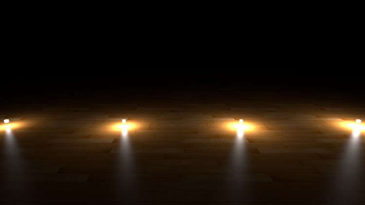 Gamma corrected, 1/d squared falloff: pools of warm light around each lamp, the floor visible between them