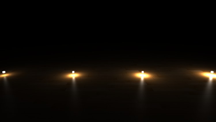 Uncorrected, 1/d falloff: smaller, harsher pools and a floor that sinks into black between the lamps
