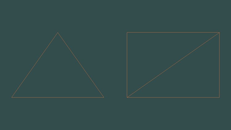 The same shapes in wireframe; the rectangle's diagonal shows the two triangles