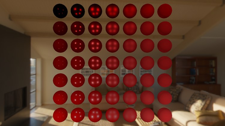 The grid of red spheres in front of the photographed living room, the lower rows lit warmly by the room