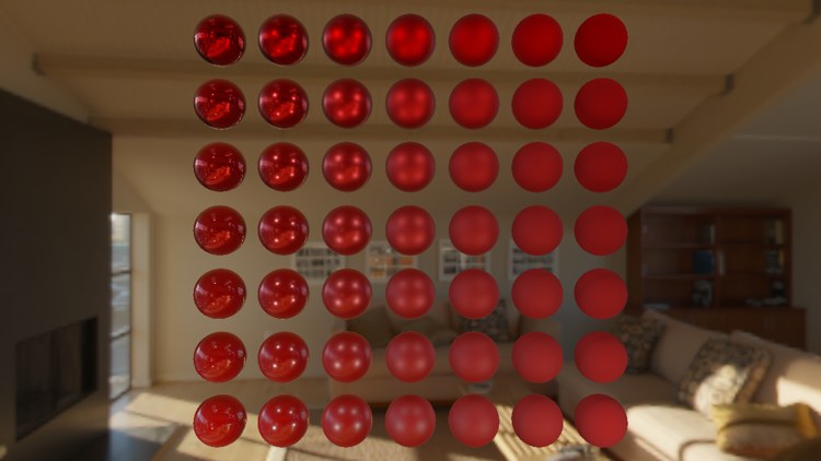 The grid of red spheres in the living room, the metals now mirroring the room: sharp on the left, blurred on the right