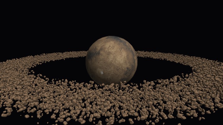 A planet surrounded by a wide ring of twenty thousand rocks