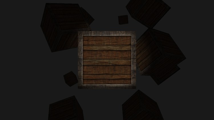The crates in darkness, with the flashlight's soft-edged beam lighting the front of the nearest crate
