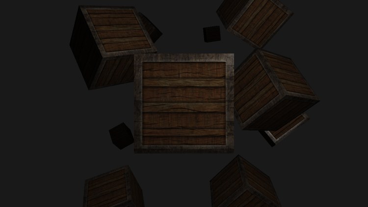 The same crates under a point light: nearby faces are lit, distant crates are almost dark