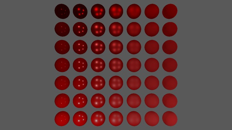 Seven rows of seven red spheres under four lights: metallic increasing upwards, roughness increasing to the right