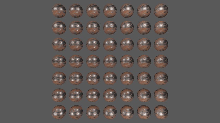 The same grid of spheres, all in rusted iron: bare metal patches with sharp highlights among matte orange rust