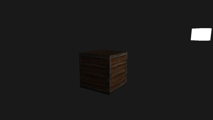 The crate, wooden planks framed in steel, lit from the right