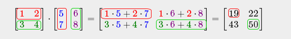 A 2x2 matrix product with the row and column used for two result elements highlighted (LearnOpenGL's diagram)
