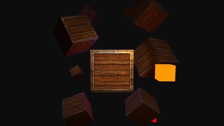 The ten crates lit by a dim sun, the flashlight on the central crate, coloured light from the orange, red and blue lamps on the crates around