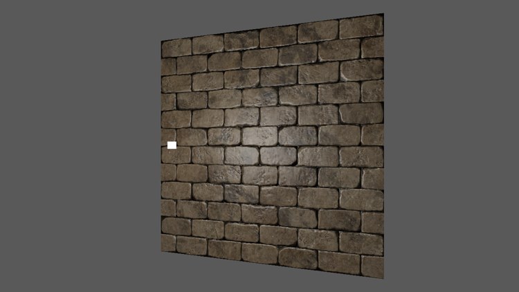 The same wall with the normal map: every brick catches the light along its own edges, and the wall looks rough and solid