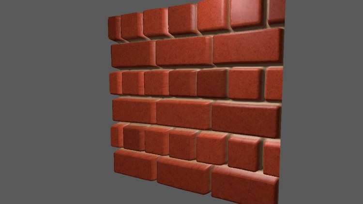 Mode 3, steep parallax mapping: the bricks stand out clearly with proper sides, but their sides show thin horizontal bands, one for each layer