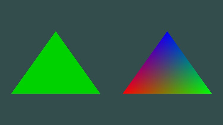 Left: a triangle tinted green by the constant buffer. Right: a triangle with red, green and blue corners blended across its surface