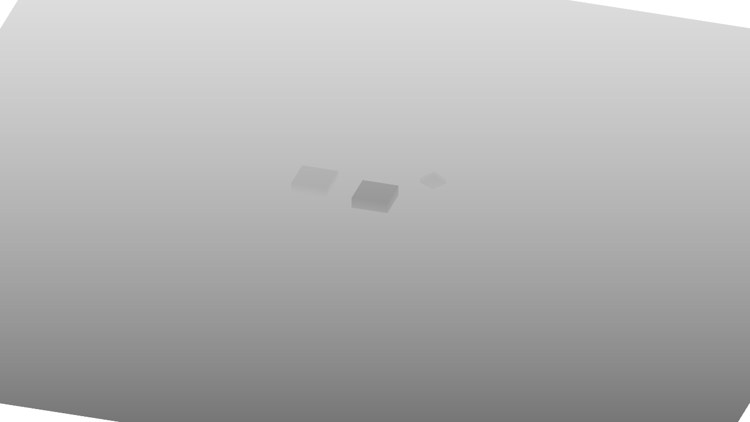 The shadow map: the floor as a grey gradient, darker towards the light, with the three cubes as slightly darker shapes in the middle