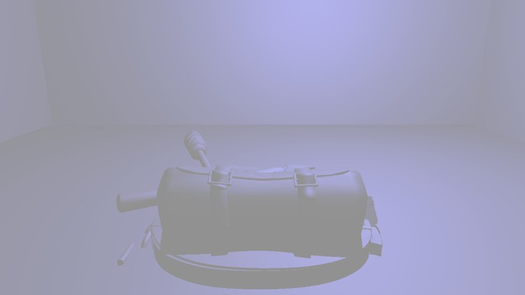The same scene without SSAO: flat ambient light, the backpack's shape and contact with the floor hard to read