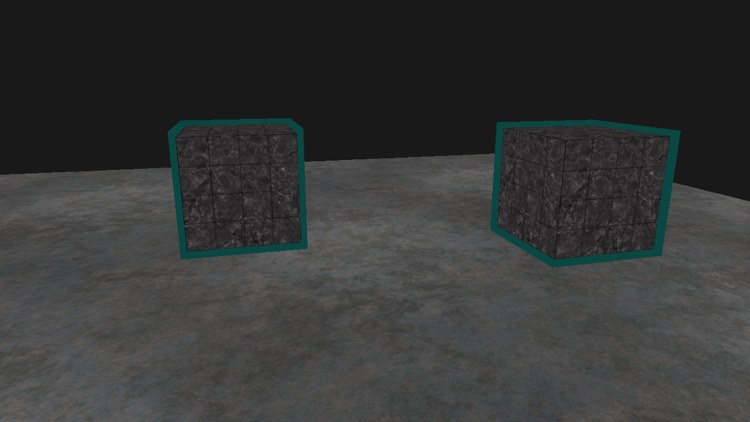 The two marble cubes on the metal floor, each with a dark teal outline around it